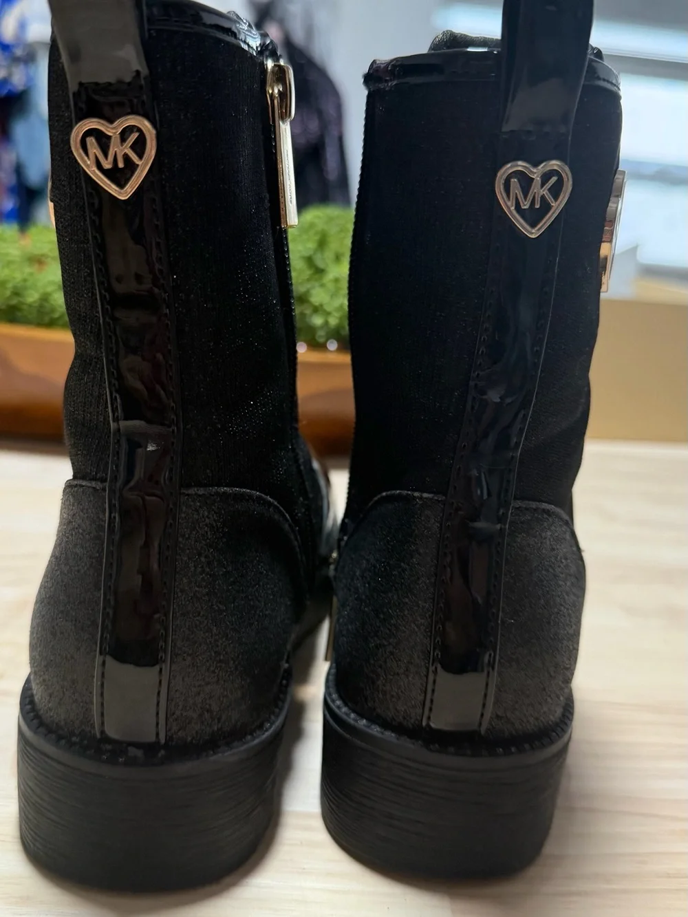 Michael Kors Black Patent Lace-Up Combat Boots with Gold Heart Detail